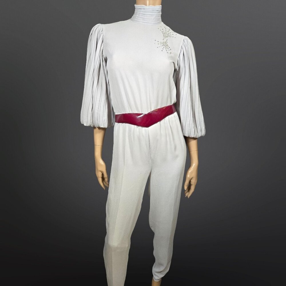 Vintage 80s Farouche Gray Chiffon belted Jumpsuit Size S Balloon Sleeves